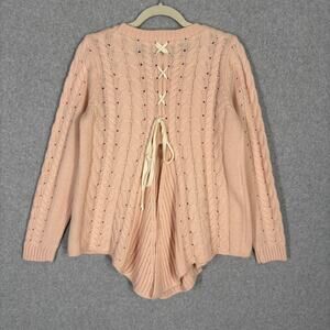 One The Land Sweater Medium Pink Cable Lace Up Back Flowy Feminine Twee Coquette